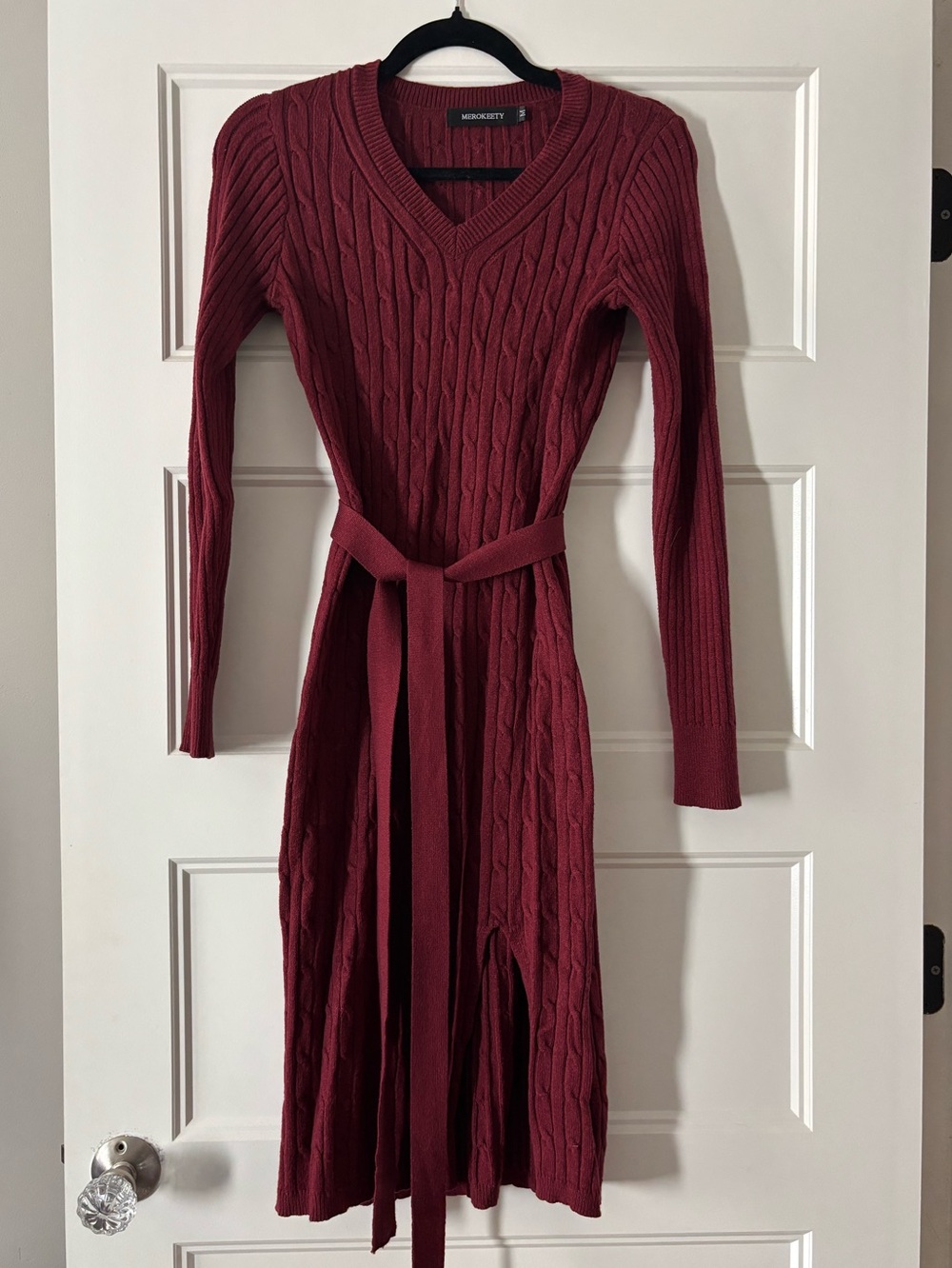Cable-Knit V-Neck Belted Sweater Dress in Burgundy